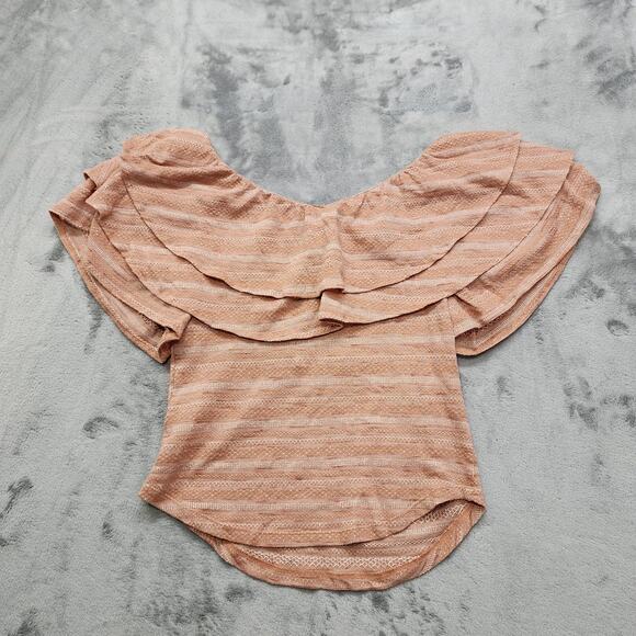 NEW Free People Top Womens XL Pink Cream Doe Combo Heirloom Ruffle Rounded Hem - Picture 2 of 12